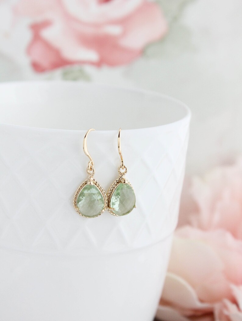 Light Green Glass Earrings, Sparkling Chrysolite Glass Jewel, Modern Pear Drop Earrings Sparkle Gold Teardrop Gift for Women Bridesmaids image 6