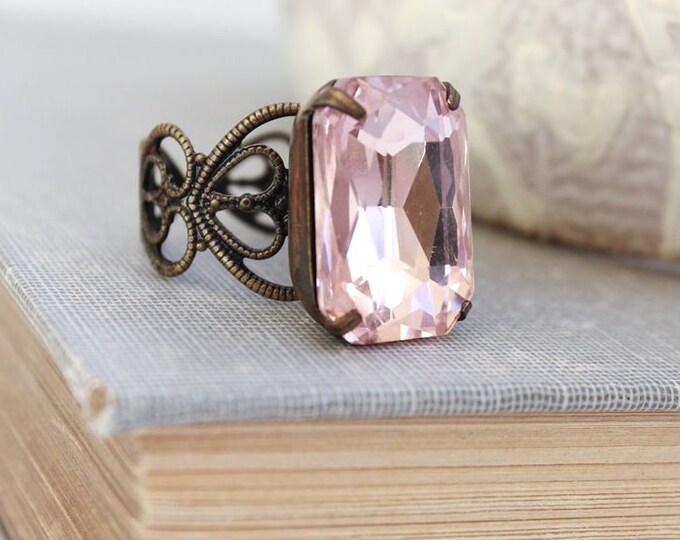 Rose Pink Glass Ring Big Rhinestone Jewel Cocktail Ring Modern Romantic Statement Jewelry