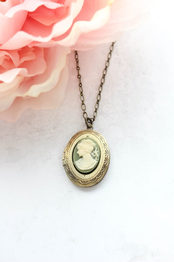 Oval Locket Necklace Vintage Style Green and Cream Cameo Pendant
