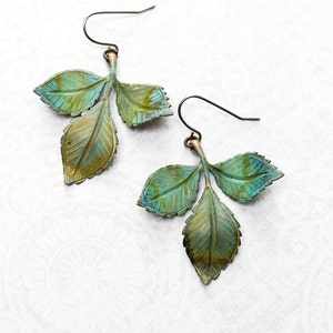 Verdigris Branch Earrings Patina Brass Leaves Rustic Teal Green Woodland Wedding Twig Jewelry Nature Earrings Big Dangle Earrings Fairie