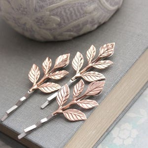 Rose Gold Leaf Hair Pin Pink Gold Branch Bobby Pins Leaf Bobbies Nature Woodland Wedding Rose Gold Leaves Bridal Hair Accessories Grecian