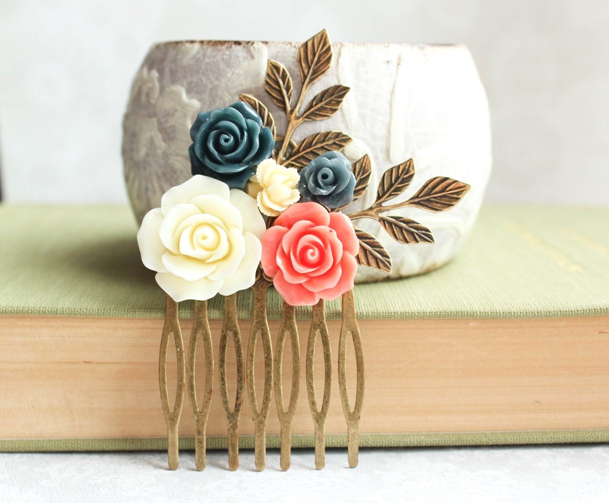 Flower Hair Comb Coral Rose Navy Blue Rose Comb Ivory Cream Etsy