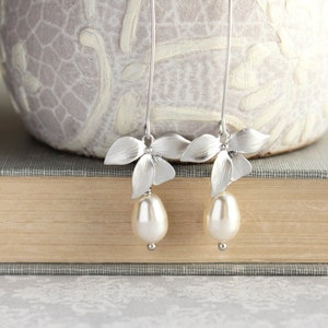 Orchid Flower Earrings Long Silver Dangle Cream Pearl Earrings Bridal Jewelry Bridemaids Gift Summer Fashion Nickel Free Romantic Wedding