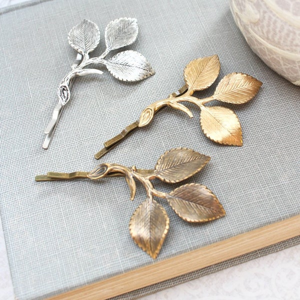 Gold Branch Bobby Pins Rose Leaf Hair Pin Bridesmaid Gift Gold Leaf Bobbies Rustic Nature Woodland Wedding Leaves for Hair Grecian Hair Clip