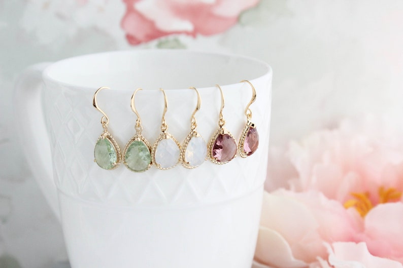 Light Green Glass Earrings, Sparkling Chrysolite Glass Jewel, Modern Pear Drop Earrings Sparkle Gold Teardrop Gift for Women Bridesmaids image 2