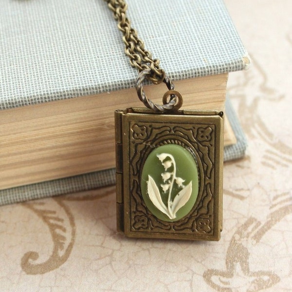 Lily of the Valley Necklace Book Locket Necklace Antique Brass Locket Pendant Etched Secret Hiding Place Photo Keepsake Storybook Book Lover