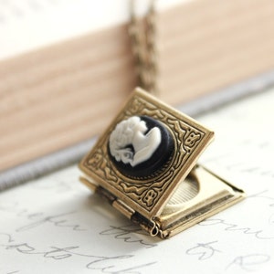 Book Locket Necklace Black and Ivory Lady Cameo Necklace Antique Brass Nickel Free Long Chain Vintage Style Photo Locket Booklovers Gift image 1