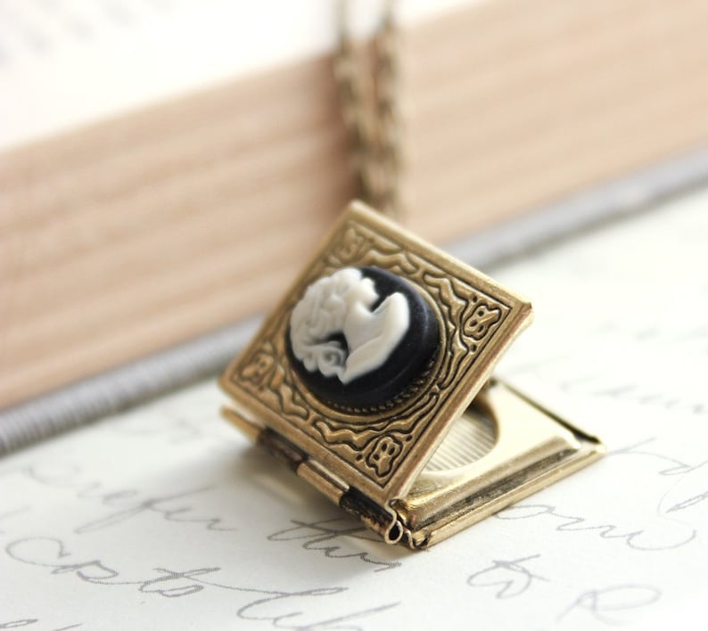Book Locket Necklace Black and Ivory Lady Cameo Necklace Antique Brass Nickel Free Long Chain Vintage Style Photo Locket Booklovers Gift image 1