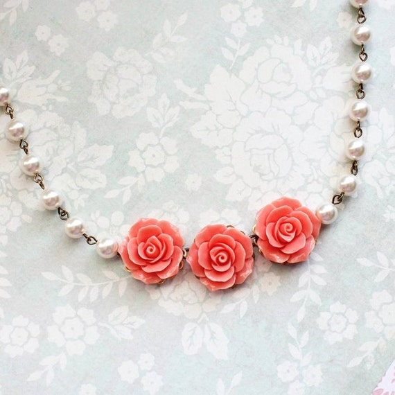 Coral Rose Necklace Statement Necklace Bridal Jewelry Pearl | Etsy