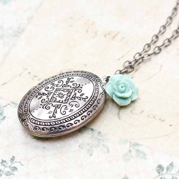 Oval Locket Necklace Antique Silver Aqua Blue Rose Charm Pendant Vintage Style Photo Locket Keepsake Jewellery Mementos Secret Hiding Place