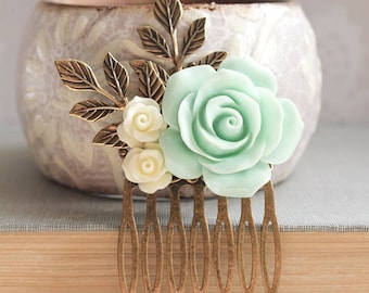 Wedding Hair Comb Mint and Ivory Bridal Accessories Bridesmaid Gift Romantic Vintage Inspired Big Aqua Mint Rose Hair Piece Flower Hairpiece