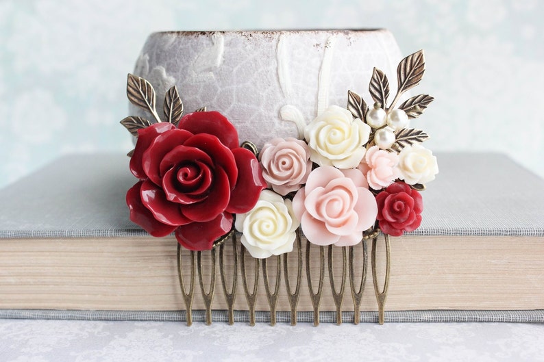 Rose Hair Comb Vintage Style Wedding Deep Red Rose Pink Floral Collage Romantic Pearl Hair Piece Bridemaids Gifts Antique Gold Branch Comb