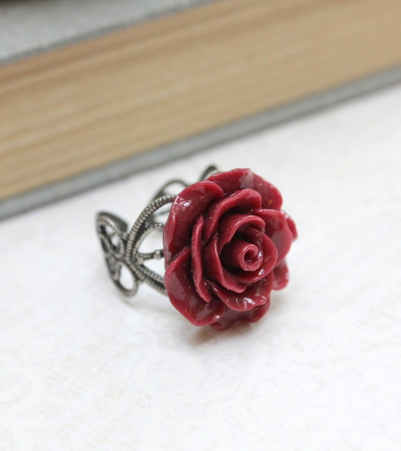 Deep Red Rose Ring Flower Cocktail Ring Antique Silver