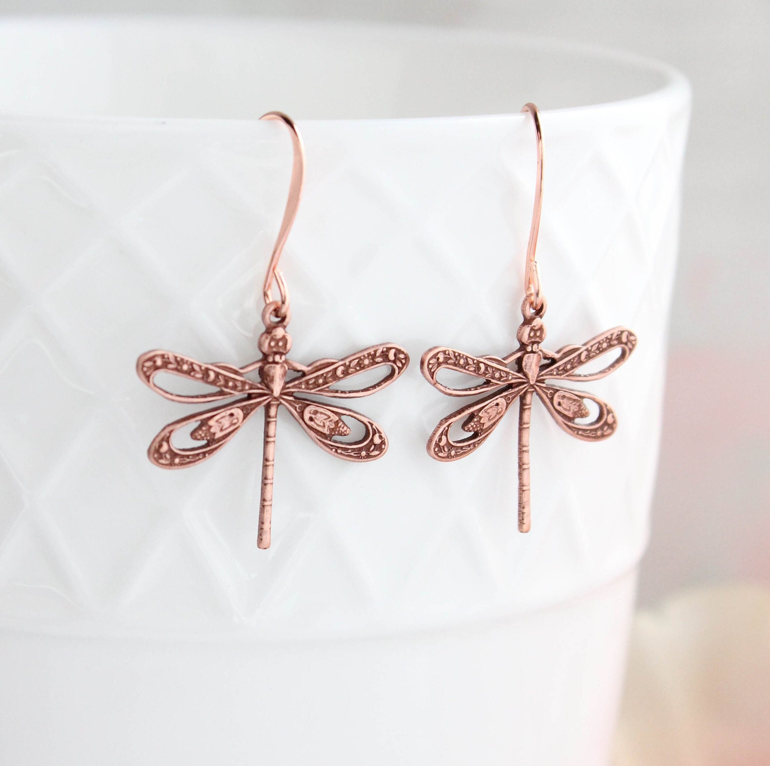 Dragonfly Earrings Pink Copper Earrings Nature Small Insect Earring Rose Gold Copper Woodland Jewelry Nickel Free Garden Wedding Lightweight
