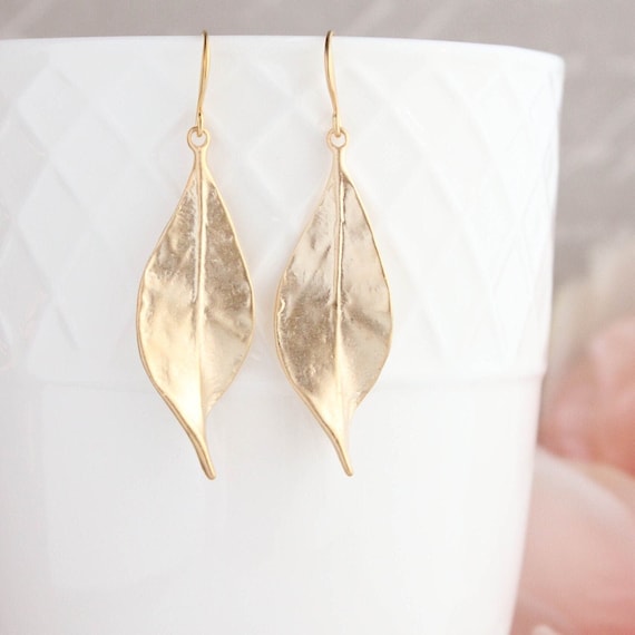 Long Gold Leaf Earrings, Woodland Nature Inspired, Gift For Her, Modern Dangle, Botanical Jewelry