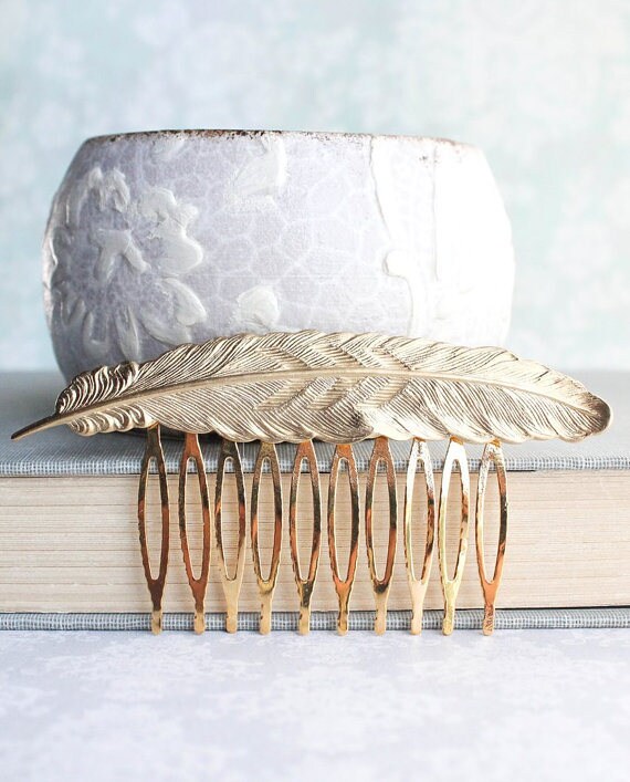 Feather Hair Comb (5 Metal Options) Rose Gold Comb, Nature  display picture 2