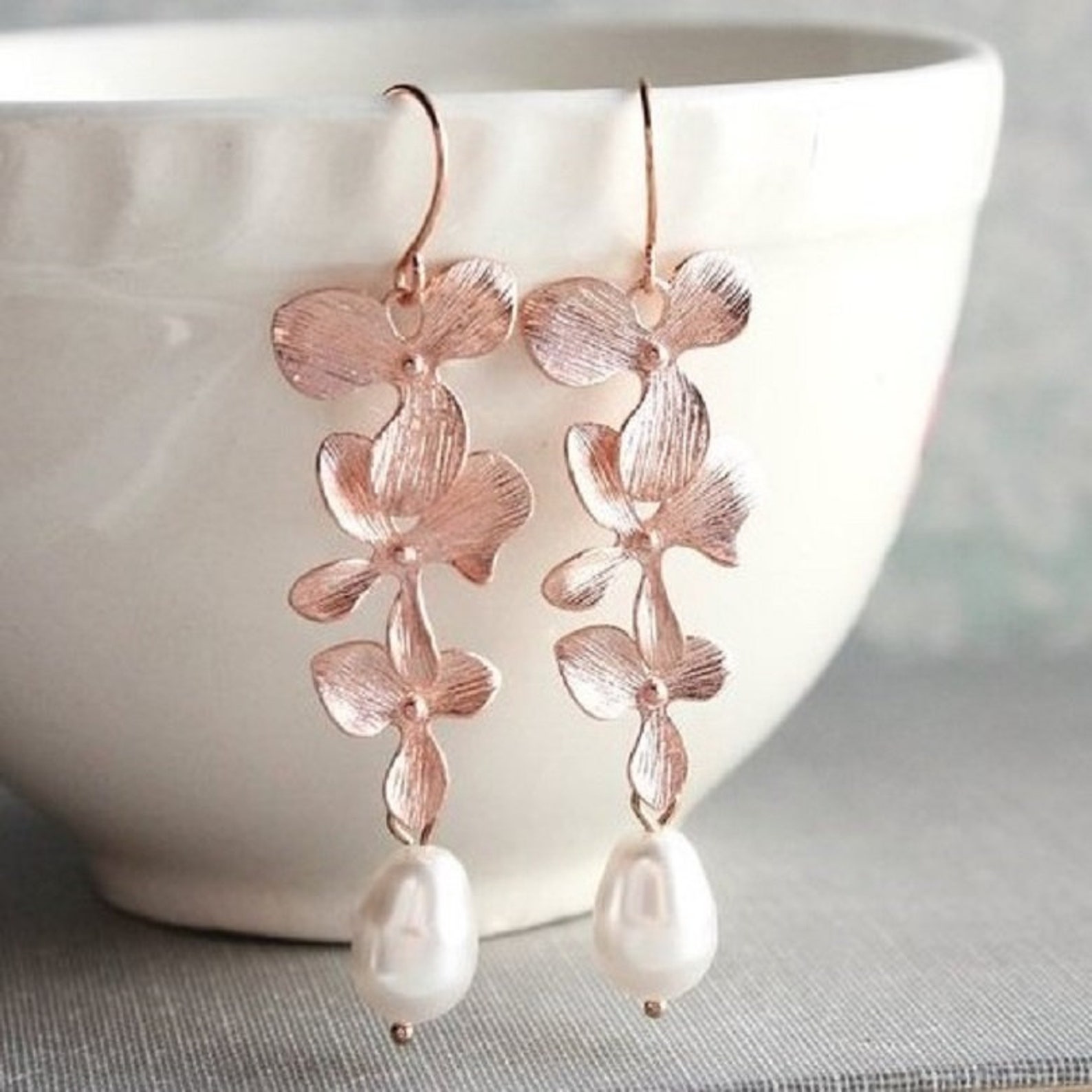 Rose Gold Orchid Earrings Long Flower Dangle Pearl Drops Etsy