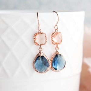 Rose Gold Earrings, Navy Blue Teardrop, Sparkly Dangles, Peach Glass, Bridesmaids Jewelry, Gift for Women, Blush and Dark Blue Wedding