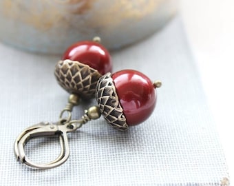 Acorn Earrings, (18 Colors) Cranberry Red Pearl Drop, Rustic Nature Jewelry, Gift For Women