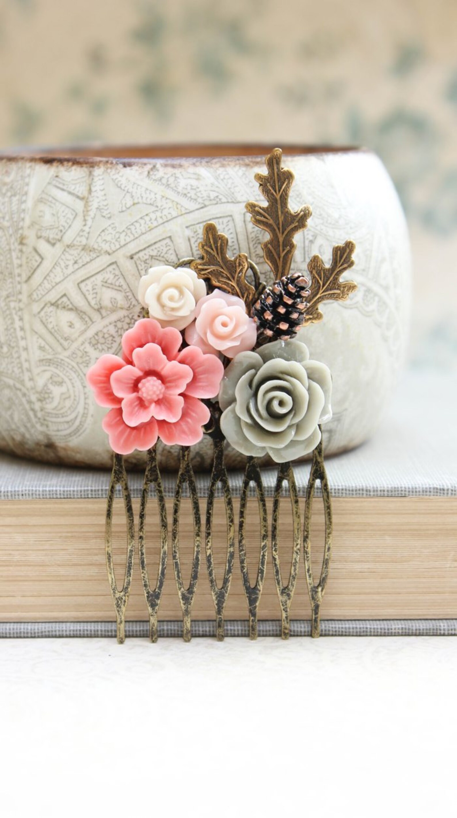 Pink Floral Hair Comb Leaf Bridal Comb Flower Hair Accessories Etsy