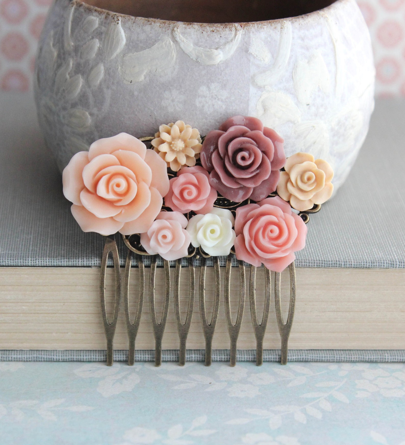 Peach Rose Hair Comb Floral Collage Romantic Bridal Hair Piece Etsy