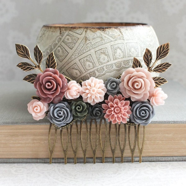 Bridal Hair Comb Dusty Rose Pink Bridesmaids Grey Wedding Floral Collage Comb Romantic Vintage Style Bridal Hair Piece Dahlia Chrysanthemum