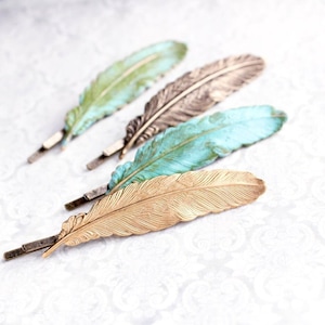 Feather Bobby Pin Gold Brass Feather Bobbies Nature Hair Accessories Woodland Wedding Rustic Verdigris Patina Bridesmaids Gift (One Piece)