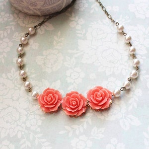 Coral Rose Necklace Statement Necklace Bridal Jewelry Pearl - Etsy