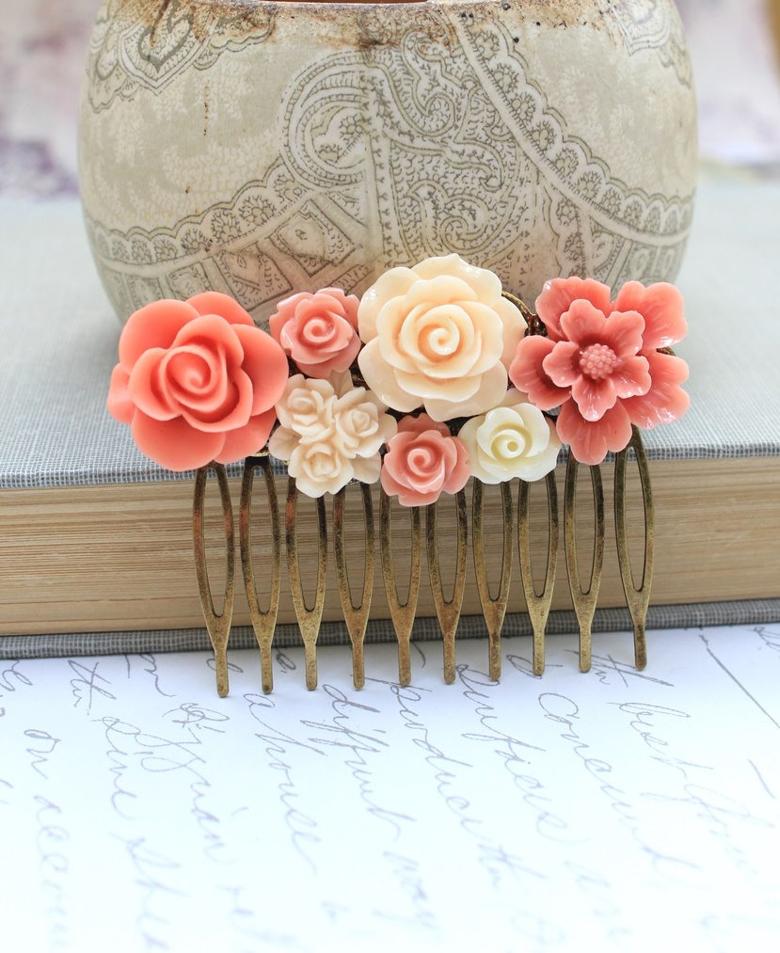 Bridal Hair Comb Peach Coral Rose Hair Comb Ivory Cream Floral Etsy