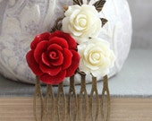 Red Rose Bridal Comb Ivory Cream Floral Collage Christmas Wedding Flowers for Hair Bridesmaid Gift Cardinal Red and Ivory Cream Branch Comb