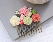 Flower Collage Comb Floral Wedding Bridal Hair Accessories Coral Peach Green Ivory Cream Rose Pearls Brass Metal Comb Country Garden Chic