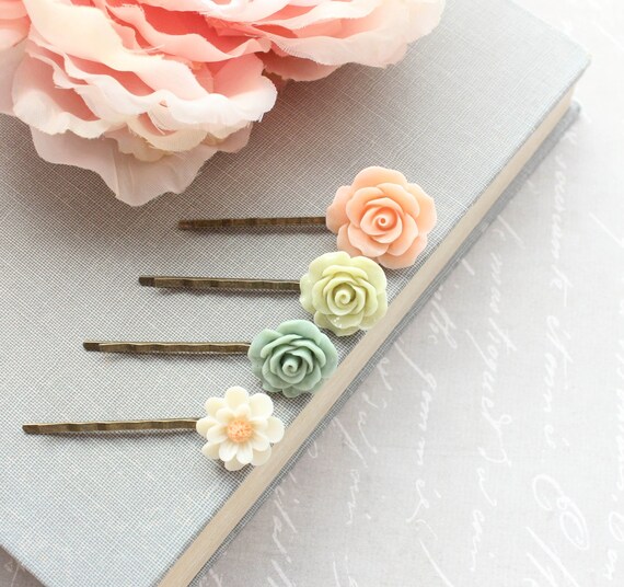 Vintage Green & Pink Floral Hairclip Set 4PCS Vintage Flower Hair Barrettes for Women, Colorful Flora  main image 2