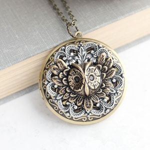 Owl Locket Necklace, Large Photo Pendant, Picture Locket, Vintage Style, Antiqued Silver Filigree, Animal Unique Locket, Mothers Day Gift