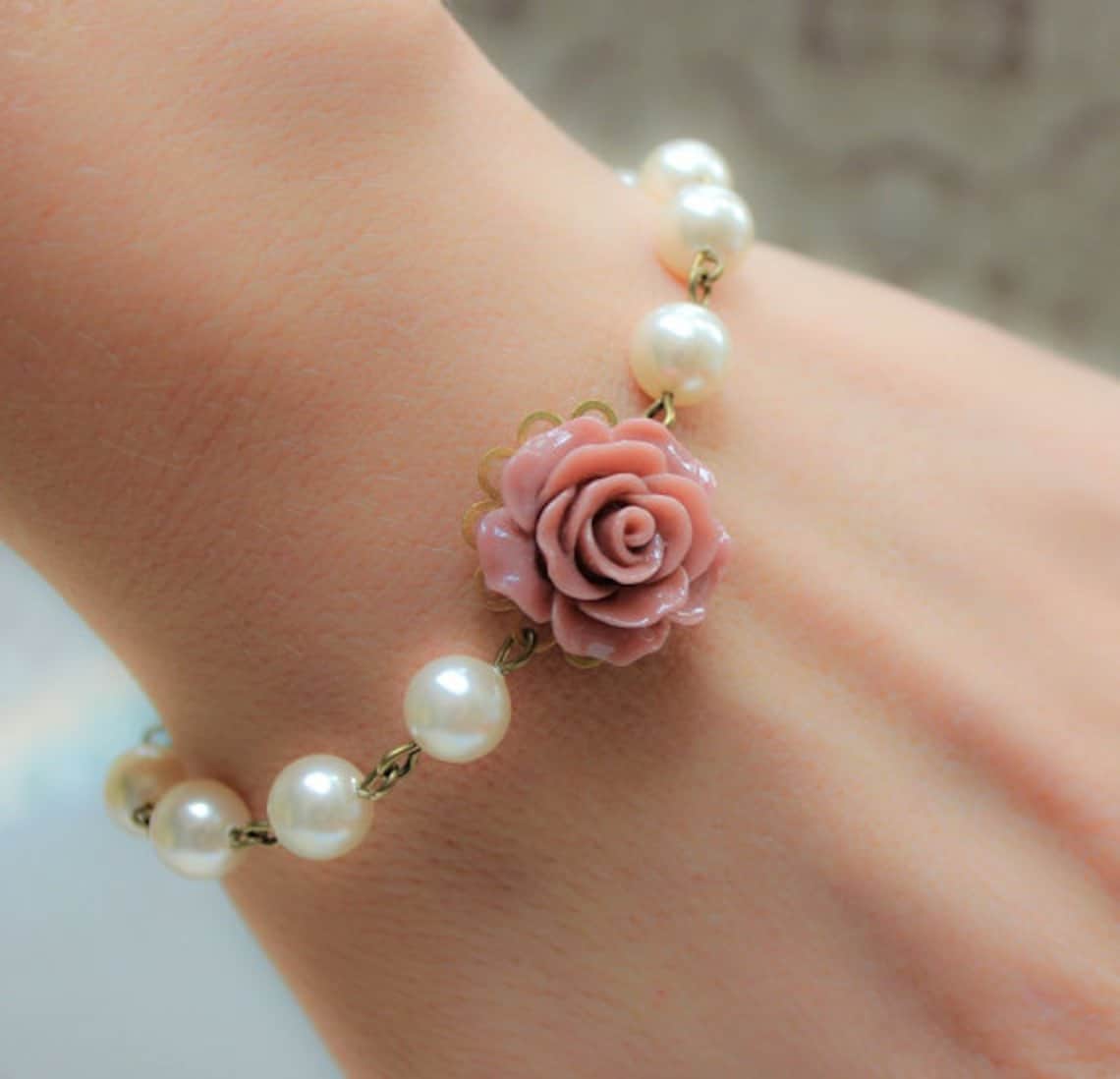 Rose Bracelet Dusty Pink Rose Pearl Bracelet Floral Bridal Etsy
