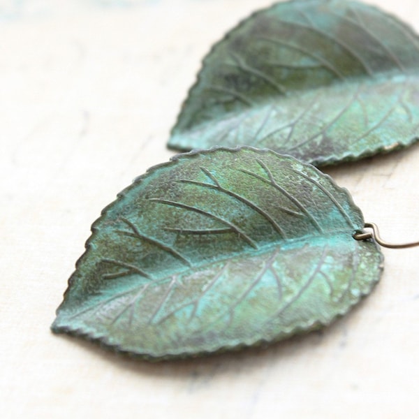 Verdigris Leaf Earrings Rustic Patina Earrings Nature Inspired Woodland Jewellery Green Leaf Dangle Gift for Women Surgical Steel Ear wire