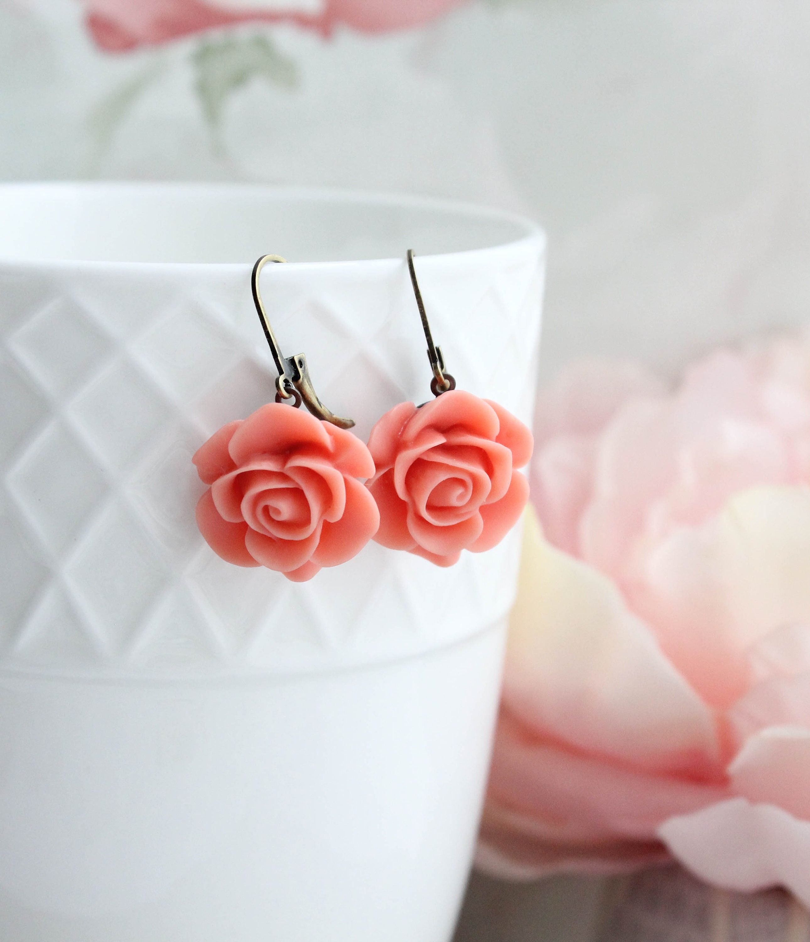 Dark Peach Rose Earrings (14 Colors) Coral Peach Flower Earrings