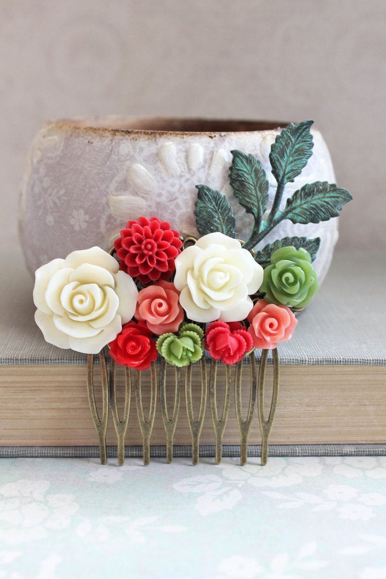 Cherry Red Flower Hair Comb Pink Raspberry Wedding Lime Green Floral Rustic Patina Branch Cherise Red Bridal Hair Piece Bridesmaids Gift