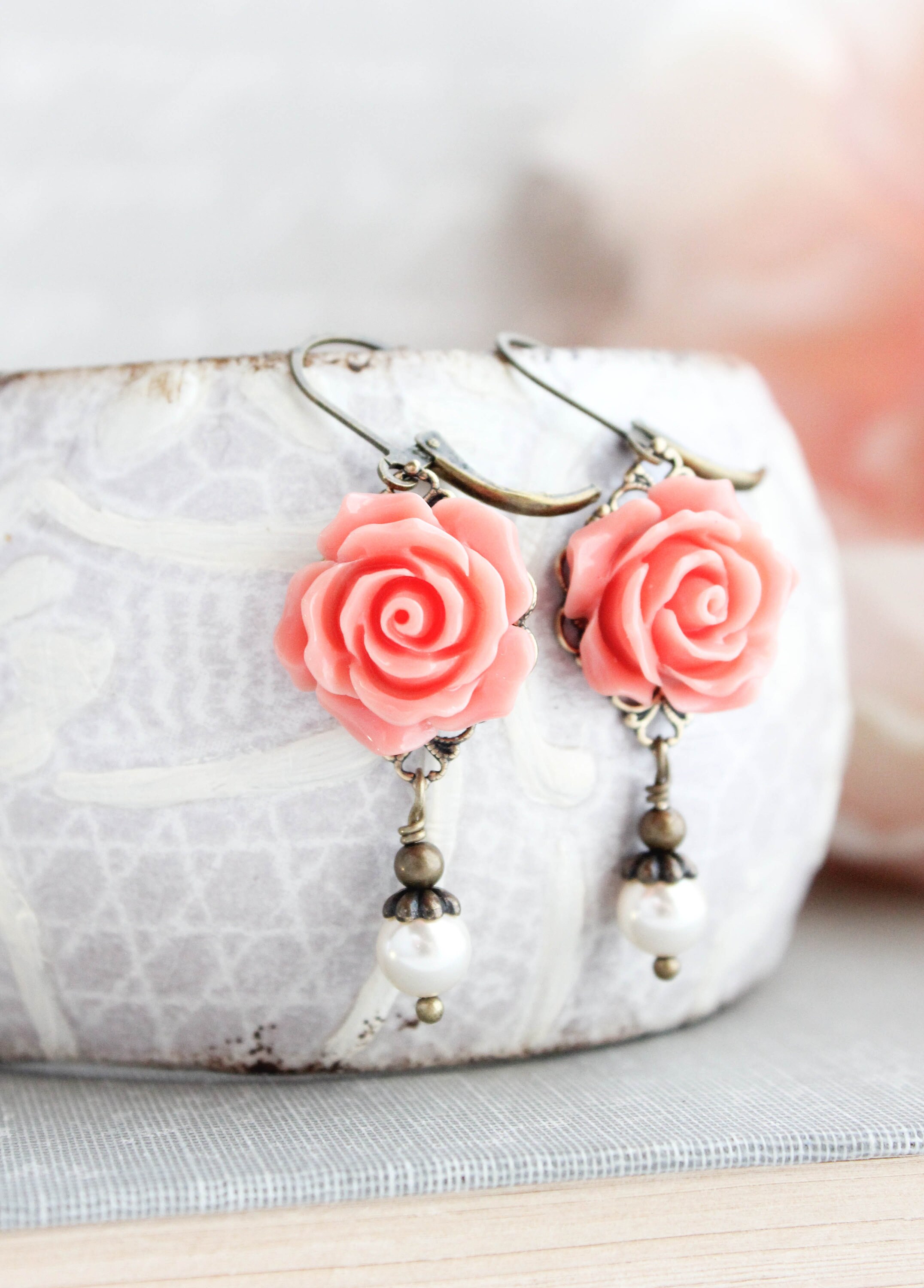 Rose Earring, Coral Peach Earrings, Flower Earrings Pearl Drop