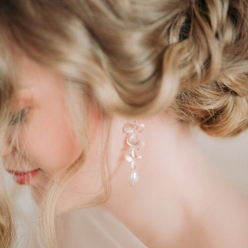 Rose Gold Orchid Earrings Floral Earrings Long Pink Gold Etsy Canada