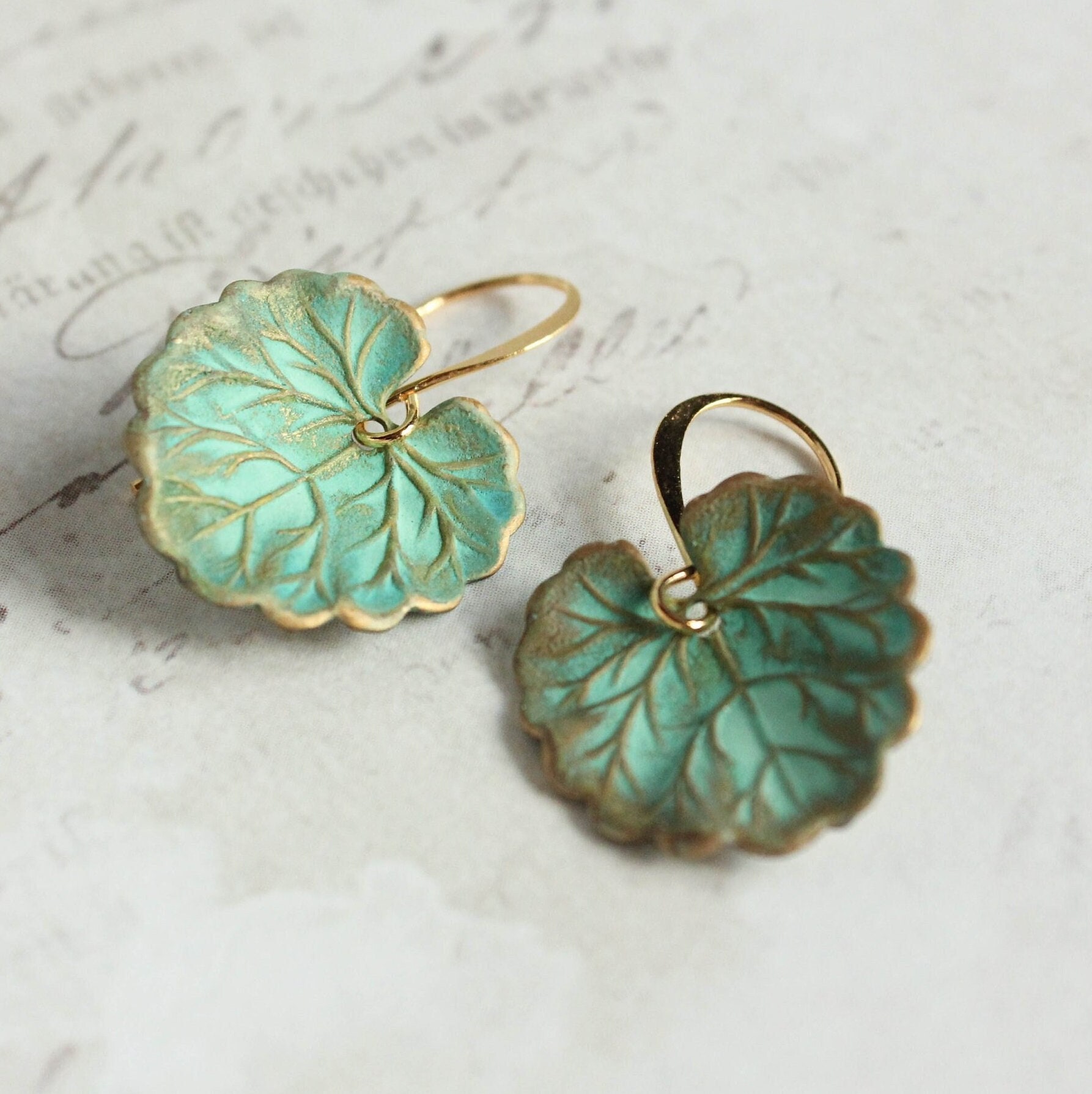 Green Leaf Earrings Verdigris Patina Leaves Teal Dangle