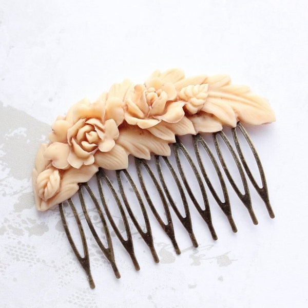 Floral Wedding Comb Rose Hair Piece Nude Neutral Peach Tea Stained Vintage Style Shabby Hair Accessories Antique Brass Country Chic Comb