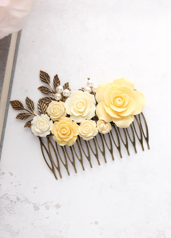 Big Bridal Hair Comb Large Yellow Rose Wedding Accessories Floral