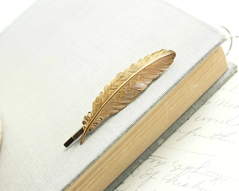 Feather Bobby Pin Gold Feather Hair Pin Golden Nature Hair Accessories Woodland Accessories Nature Inspired Bird Feather Hair Clip Barrette image 1