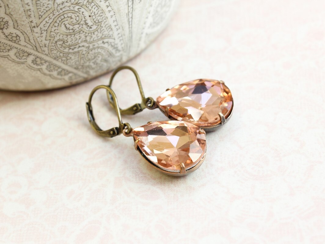 Glass Drop Earrings Peach Rhinestones Glass Dangle Gift for | Etsy