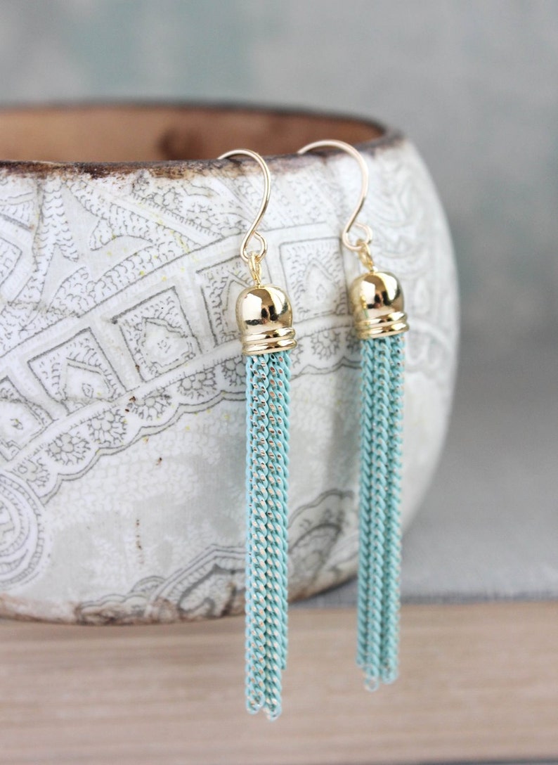 Aqua Chain Tassel Earrings Gold Dangle Earrings Bridesmaids Etsy