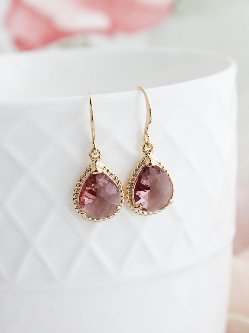 Light Green Glass Earrings, Sparkling Chrysolite Glass Jewel, Modern Pear Drop Earrings Sparkle Gold Teardrop Gift for Women Bridesmaids Dusty Plum