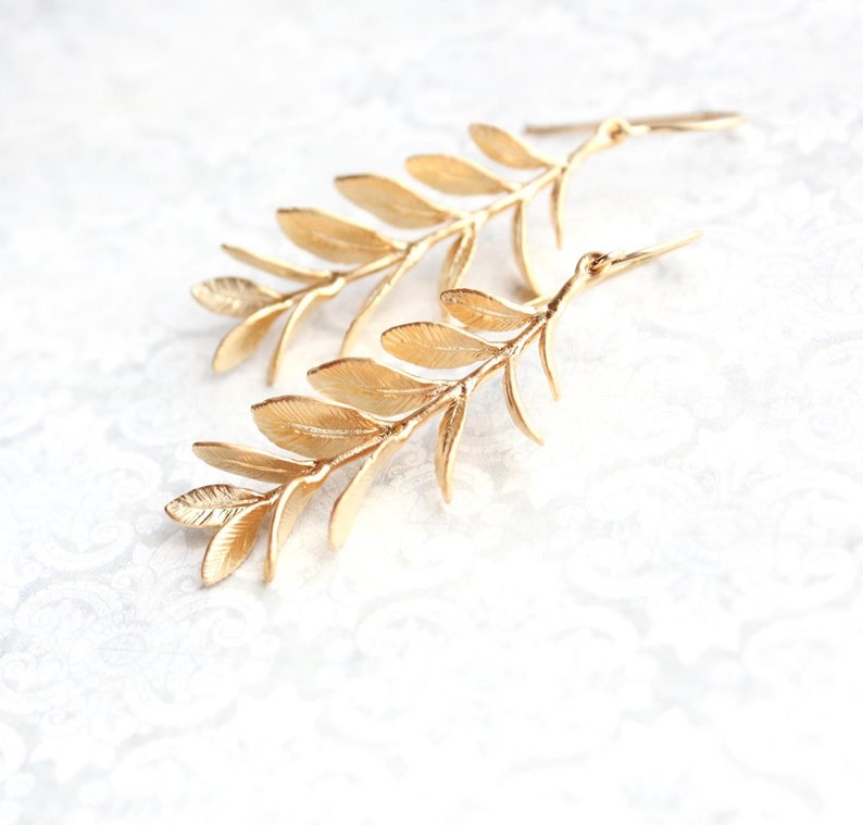 Leafy Gold Branch Earrings Long Gold Earrings Dangle Bridesmaids Gift Nature Inspired Modern Womens Fashion Jewelry Leaves Leaf Unique 