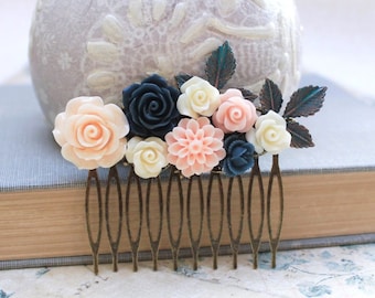 Flower Hair Comb Navy Blue Rose Floral Collage Wedding Hair Accessories Womens gift Branch Patina Leaves Peach Rose Dahlia Chrysanthemum