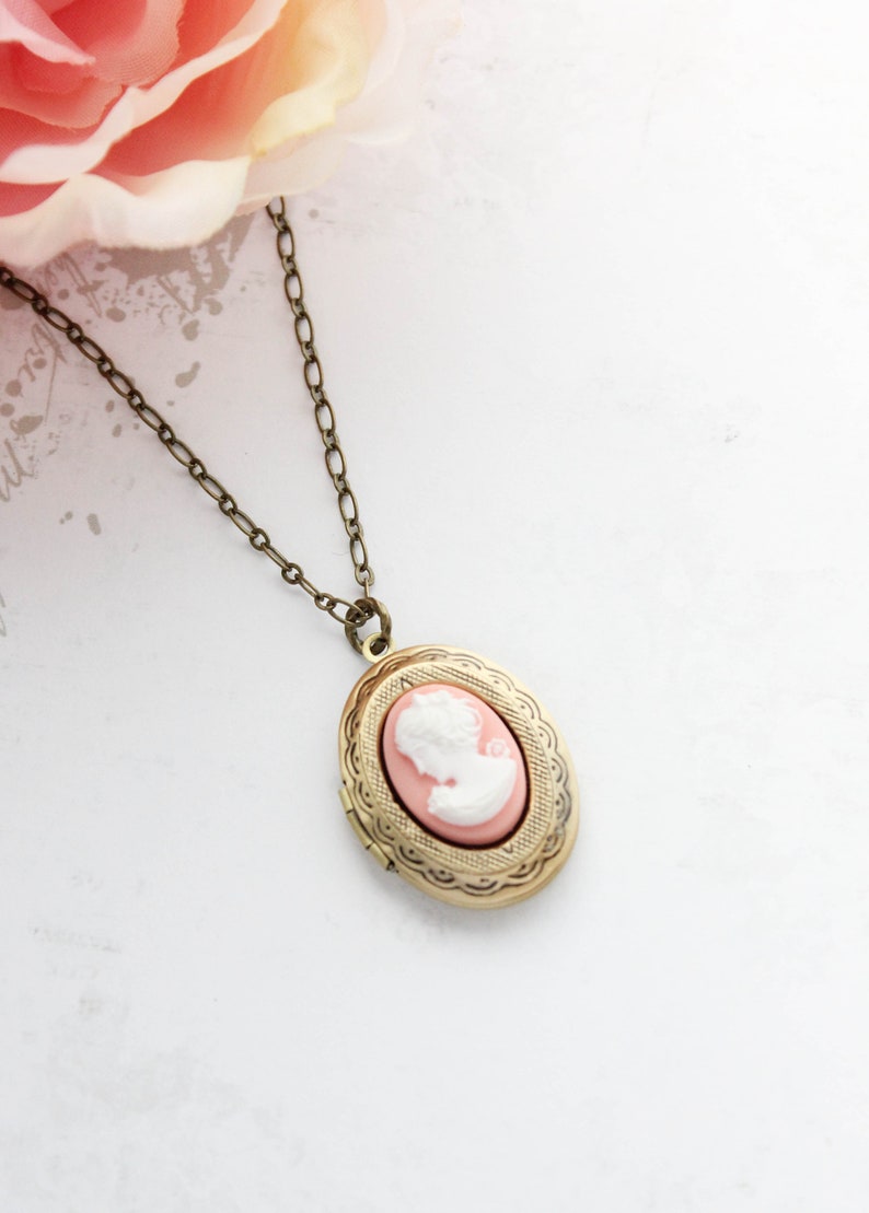 Pink Locket Necklace Photo Locket Cameo Necklace Vintage Etsy