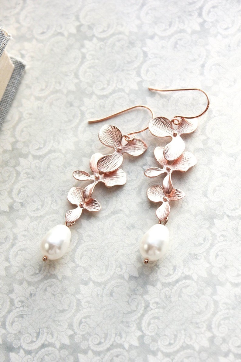Rose Gold Orchid Earrings Floral Earrings Long Pink Gold Etsy Canada